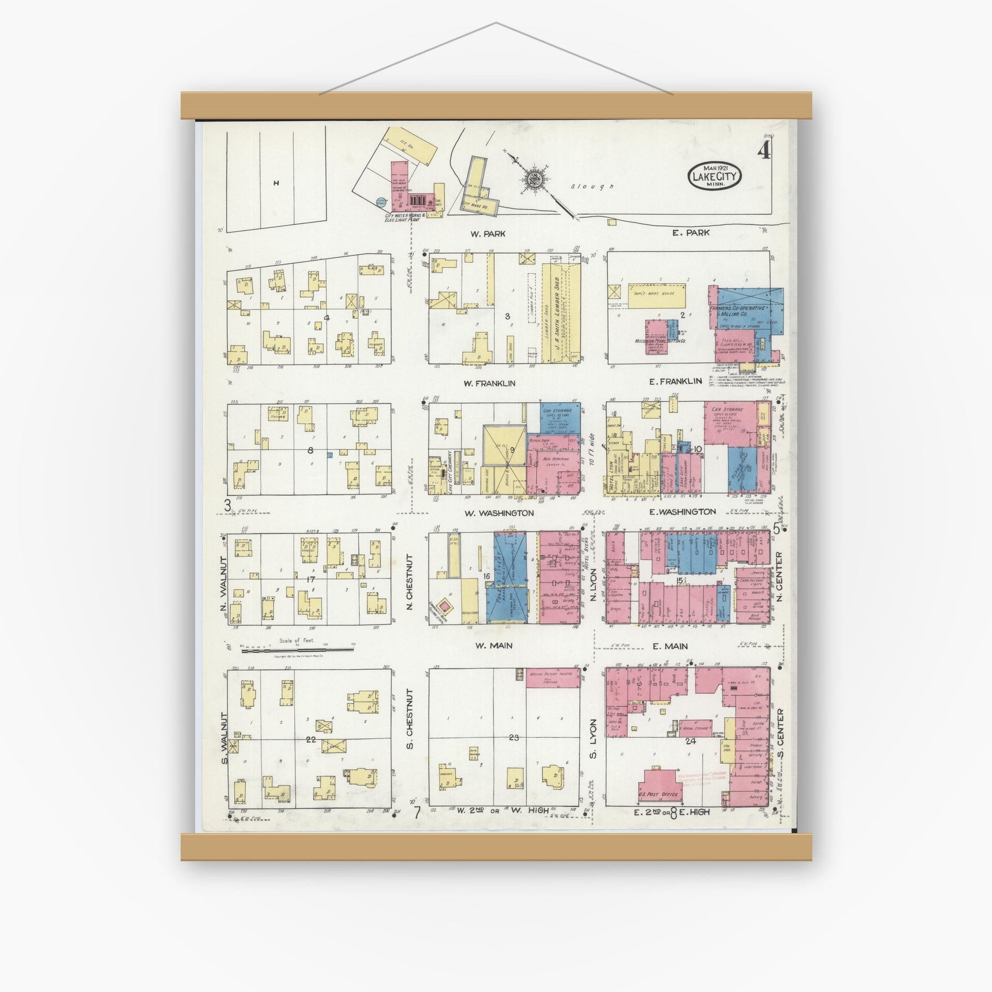 Old map wall art mockup — magnetic wood frame on white wall — Sanborn Fire Insurance Map from Lake City, Wabasha County, Minnesota (1921), Sheet #0004