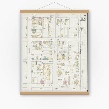 Old map wall art mockup — magnetic wood frame on white wall — Sanborn Fire Insurance Map from Waco, McLennan County, Texas (1889), Sheet #0007