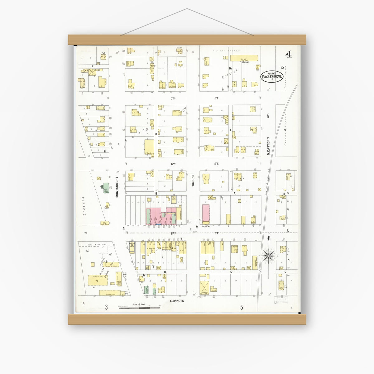 Old map wall art mockup — magnetic wood frame on white wall — Sanborn Fire Insurance Map from Eagle Grove, Wright County, Iowa (1900), Sheet #0004