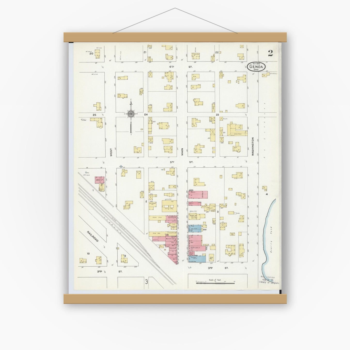 Old map wall art mockup — magnetic wood frame on white wall — Sanborn Fire Insurance Map from Genoa, Ottawa County, Ohio (1910), Sheet #0002