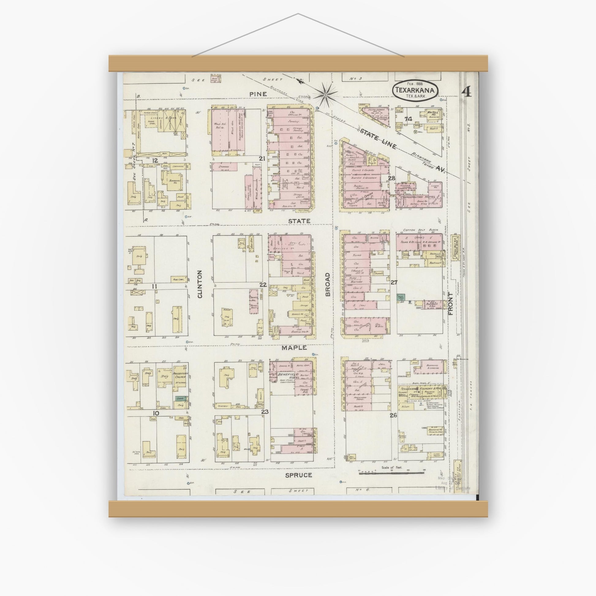 Old map wall art mockup — magnetic wood frame on white wall — Sanborn Fire Insurance Map from Texarkana, Bowie County, Texas (1888), Sheet #0004
