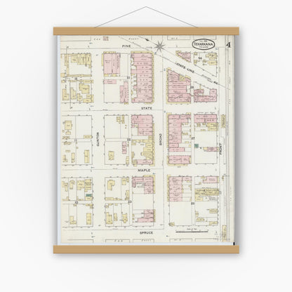 Old map wall art mockup — magnetic wood frame on white wall — Sanborn Fire Insurance Map from Texarkana, Bowie County, Texas (1888), Sheet #0004