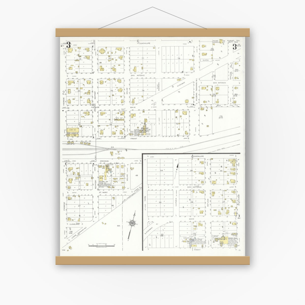 Old map wall art mockup — magnetic wood frame on white wall — Sanborn Fire Insurance Map from Runge, Karnes County, Texas (1934), Sheet #0003