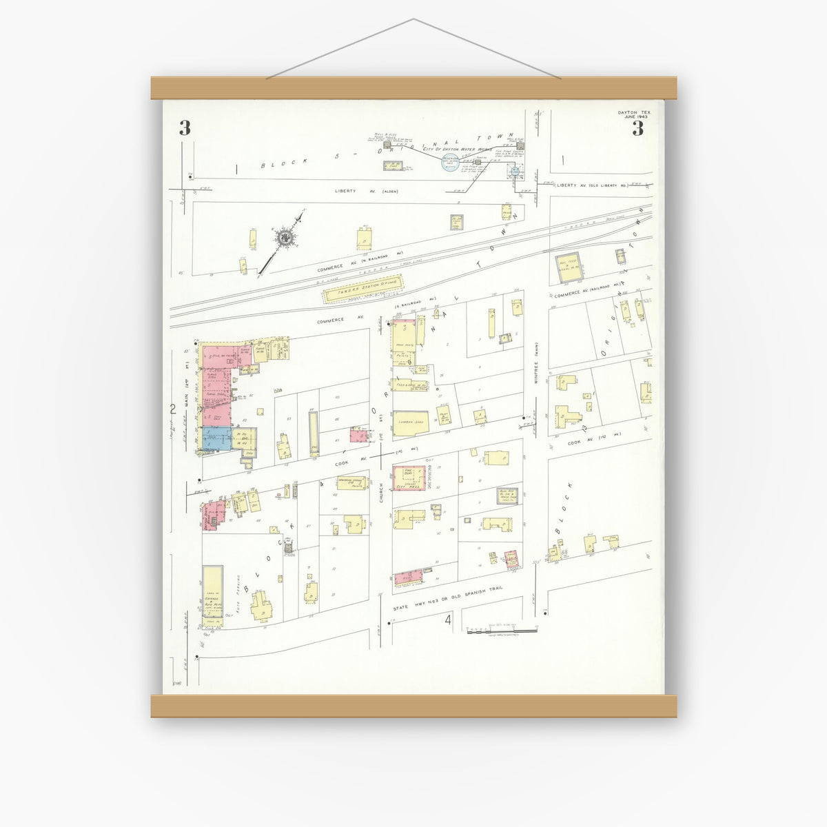 Old map wall art mockup — magnetic wood frame on white wall — Sanborn Fire Insurance Map from Dayton, Liberty County, Texas (1943), Sheet #0003