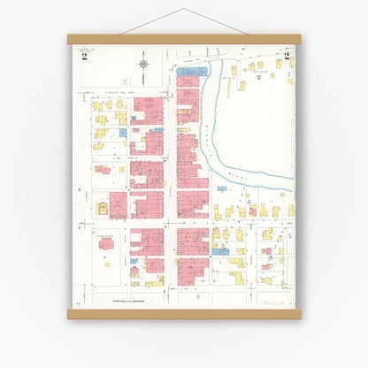 Old map wall art mockup — magnetic wood frame on white wall — Sanborn Fire Insurance Map from Ligonier, Noble County, Indiana (1933), Sheet #0002