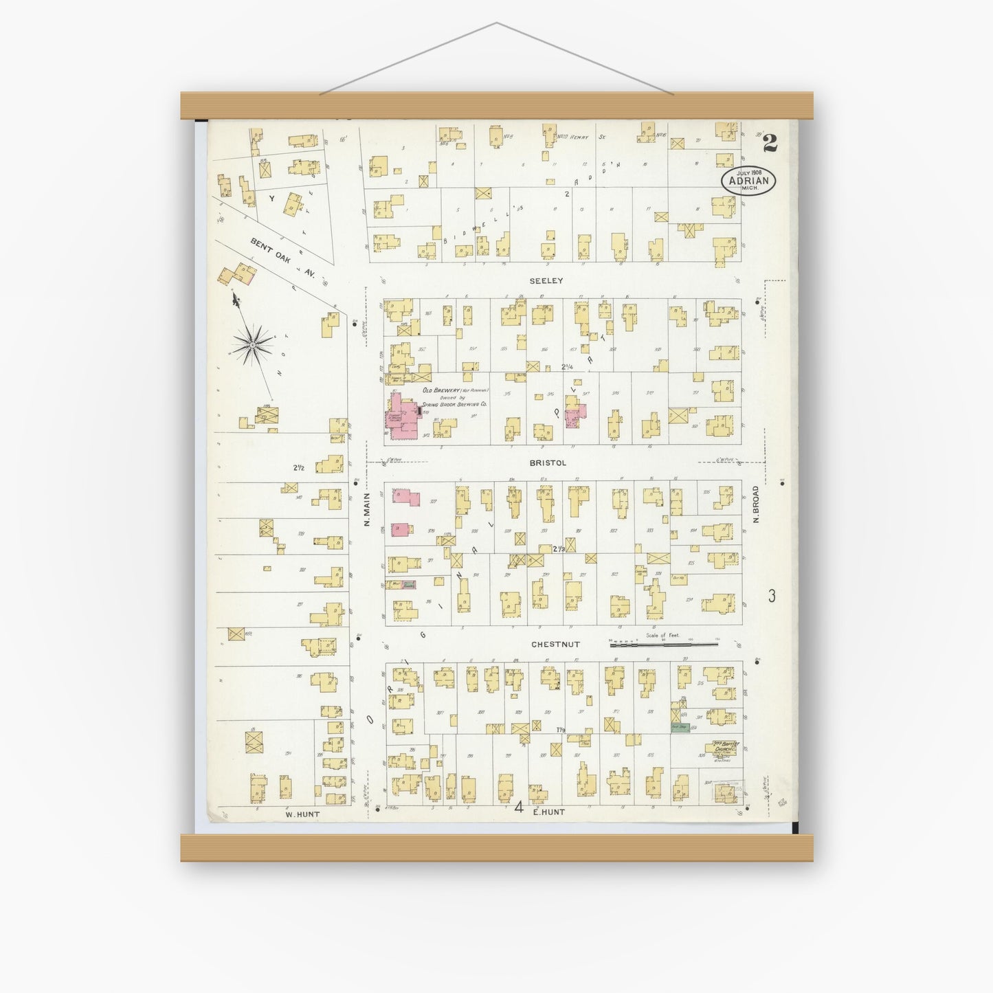Old map wall art mockup — magnetic wood frame on white wall — Sanborn Fire Insurance Map from Adrian, Lenawee County, Michigan (1908), Sheet #0002