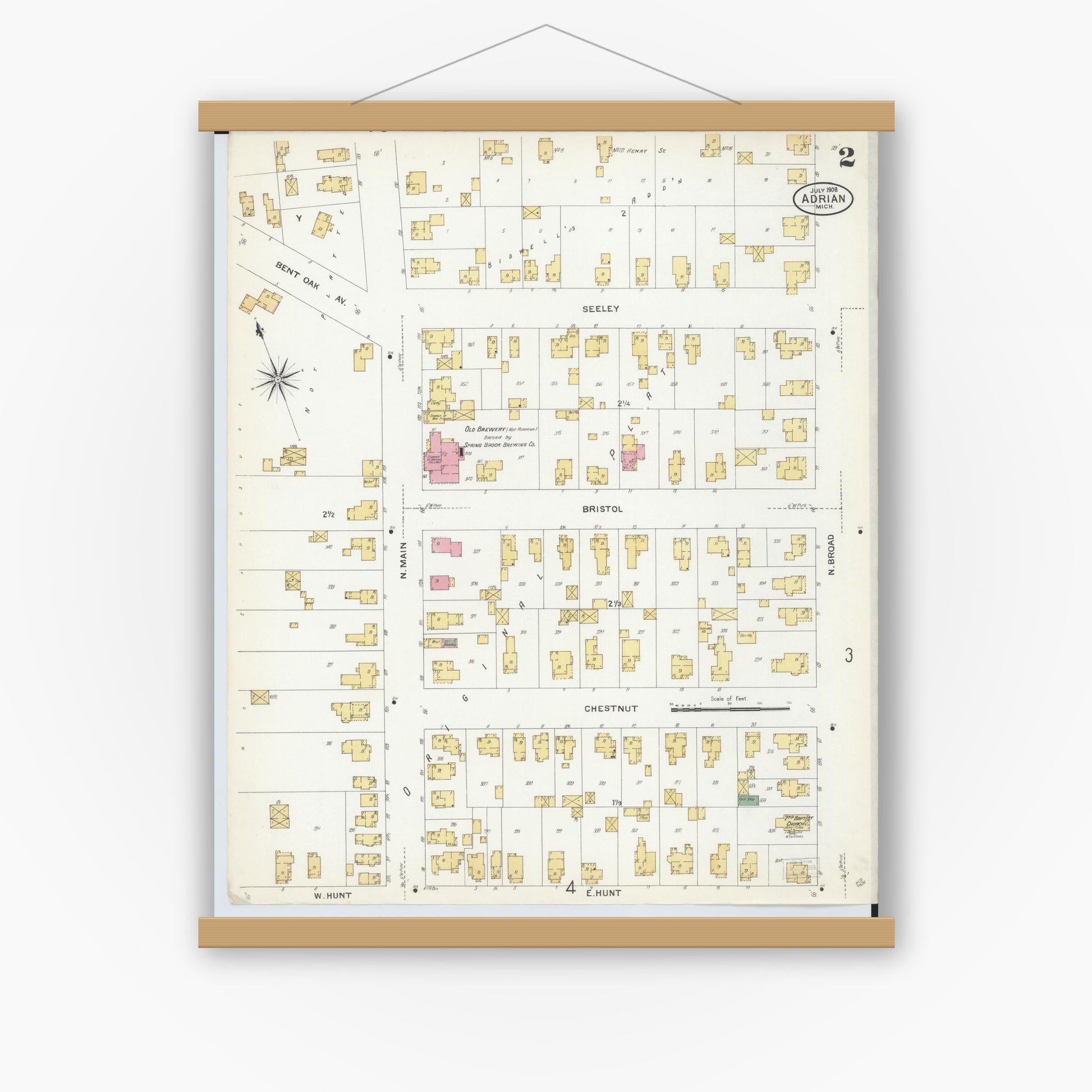 Old map wall art mockup — magnetic wood frame on white wall — Sanborn Fire Insurance Map from Adrian, Lenawee County, Michigan (1908), Sheet #0002