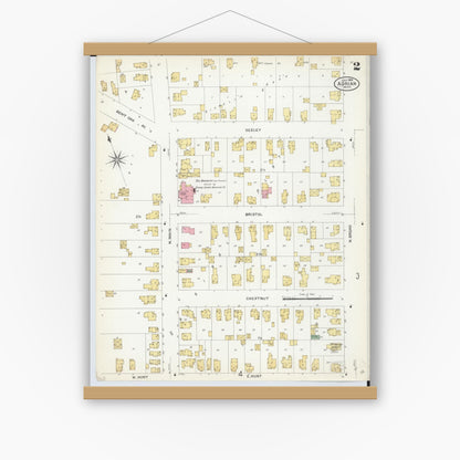 Old map wall art mockup — magnetic wood frame on white wall — Sanborn Fire Insurance Map from Adrian, Lenawee County, Michigan (1908), Sheet #0002