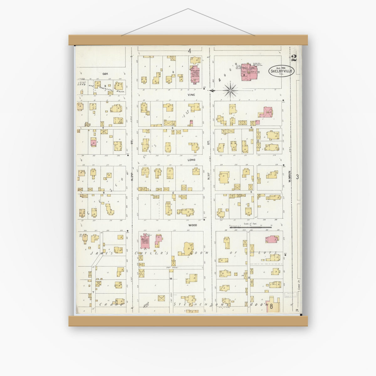 Old map wall art mockup — magnetic wood frame on white wall — Sanborn Fire Insurance Map from Shelbyville, Shelby County, Illinois (1906), Sheet #0002