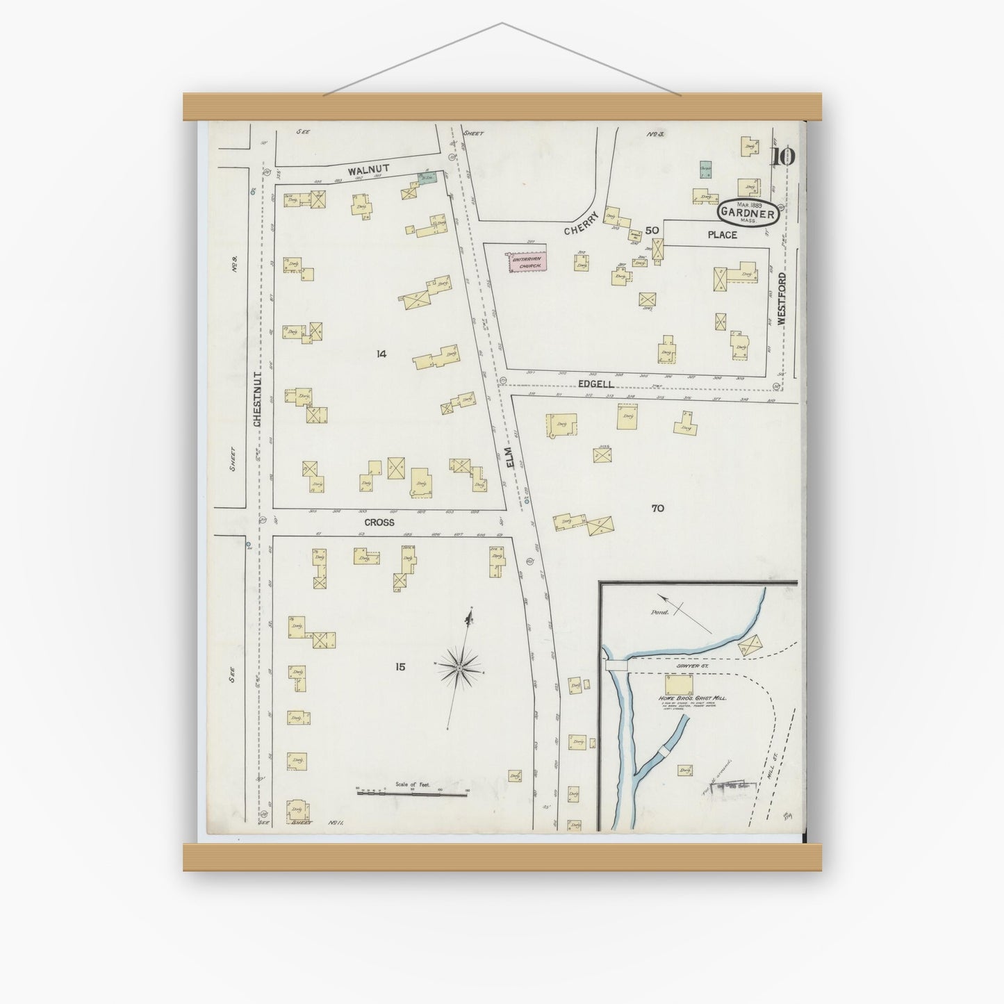 Old map wall art mockup — magnetic wood frame on white wall — Sanborn Fire Insurance Map from Gardner, Worcester County, Massachusetts (1889), Sheet #0010