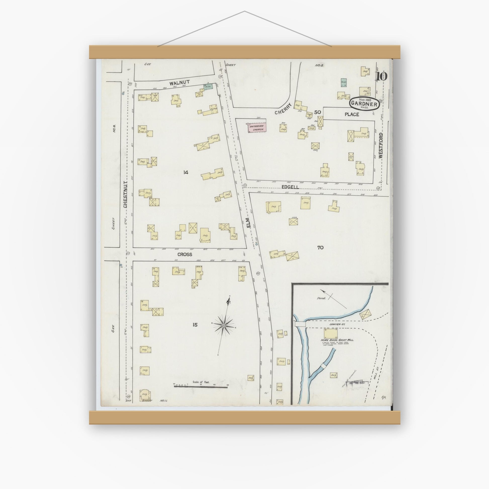 Old map wall art mockup — magnetic wood frame on white wall — Sanborn Fire Insurance Map from Gardner, Worcester County, Massachusetts (1889), Sheet #0010
