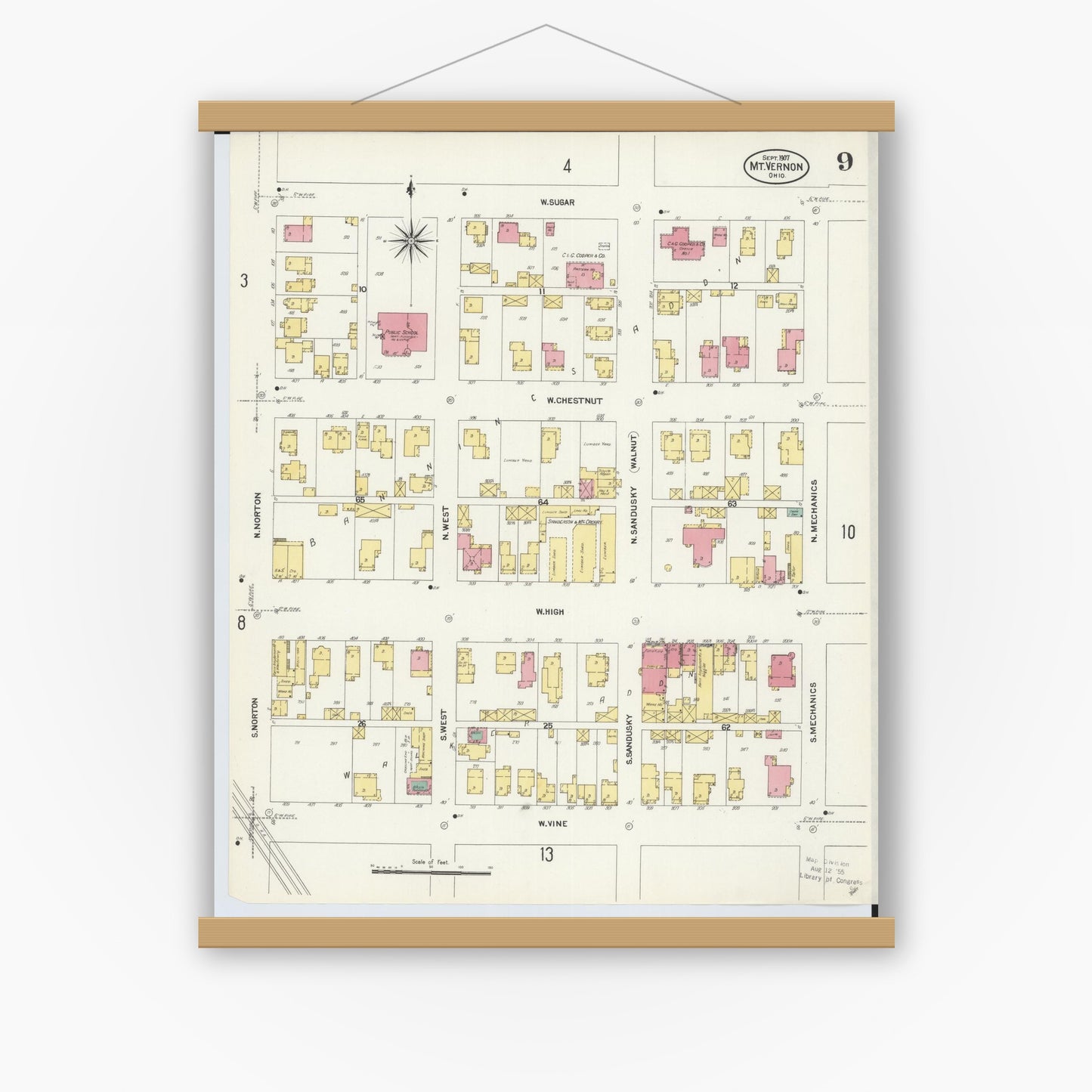 Old map wall art mockup — magnetic wood frame on white wall — Sanborn Fire Insurance Map from Mount Vernon, Knox County, Ohio (1907), Sheet #0009