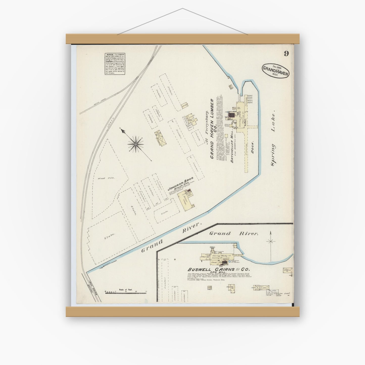 Old map wall art mockup — magnetic wood frame on white wall — Sanborn Fire Insurance Map from Grand Haven, Ottawa County, Michigan (1883), Sheet #0009