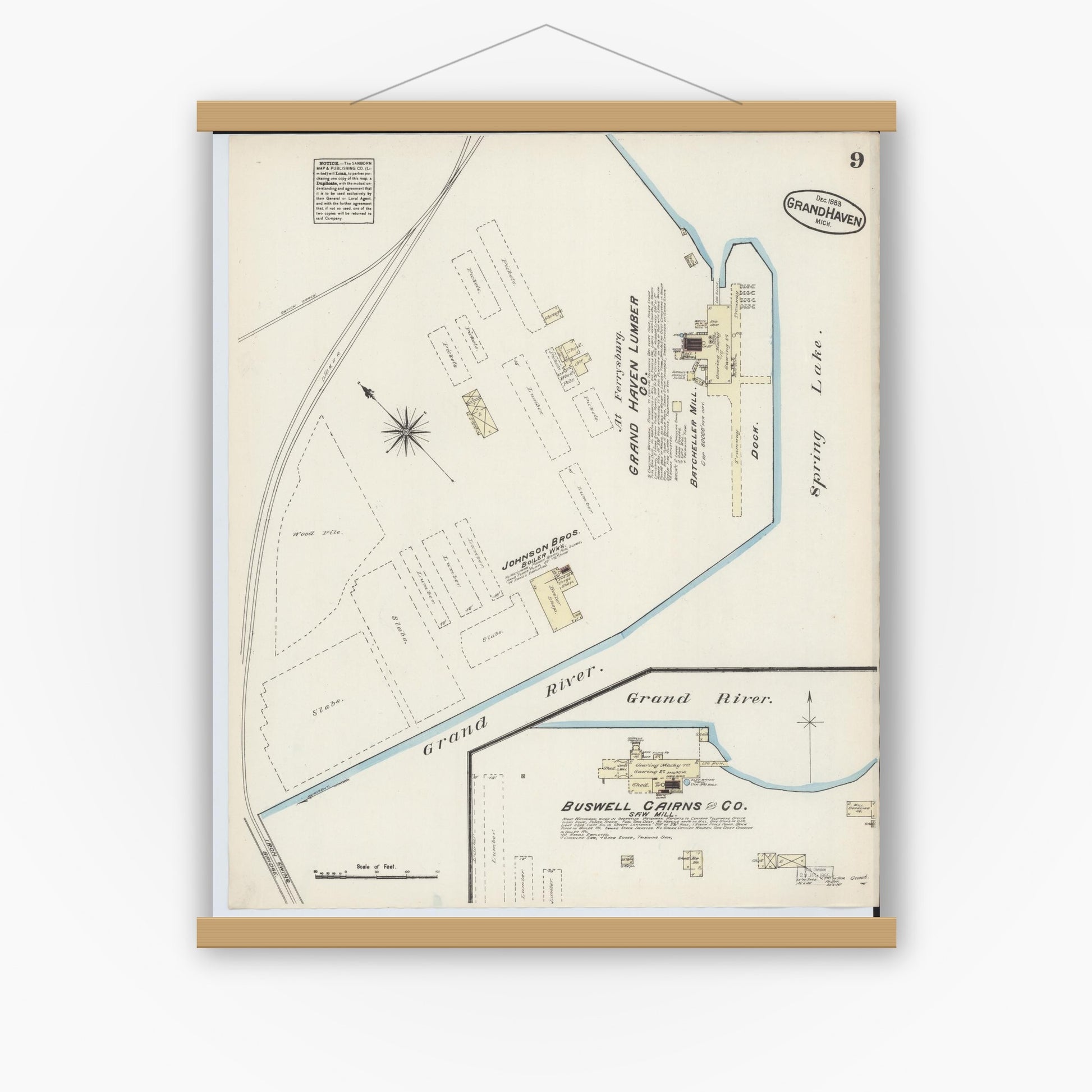 Old map wall art mockup — magnetic wood frame on white wall — Sanborn Fire Insurance Map from Grand Haven, Ottawa County, Michigan (1883), Sheet #0009
