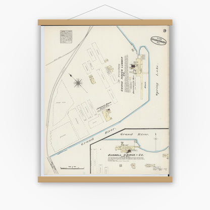 Old map wall art mockup — magnetic wood frame on white wall — Sanborn Fire Insurance Map from Grand Haven, Ottawa County, Michigan (1883), Sheet #0009