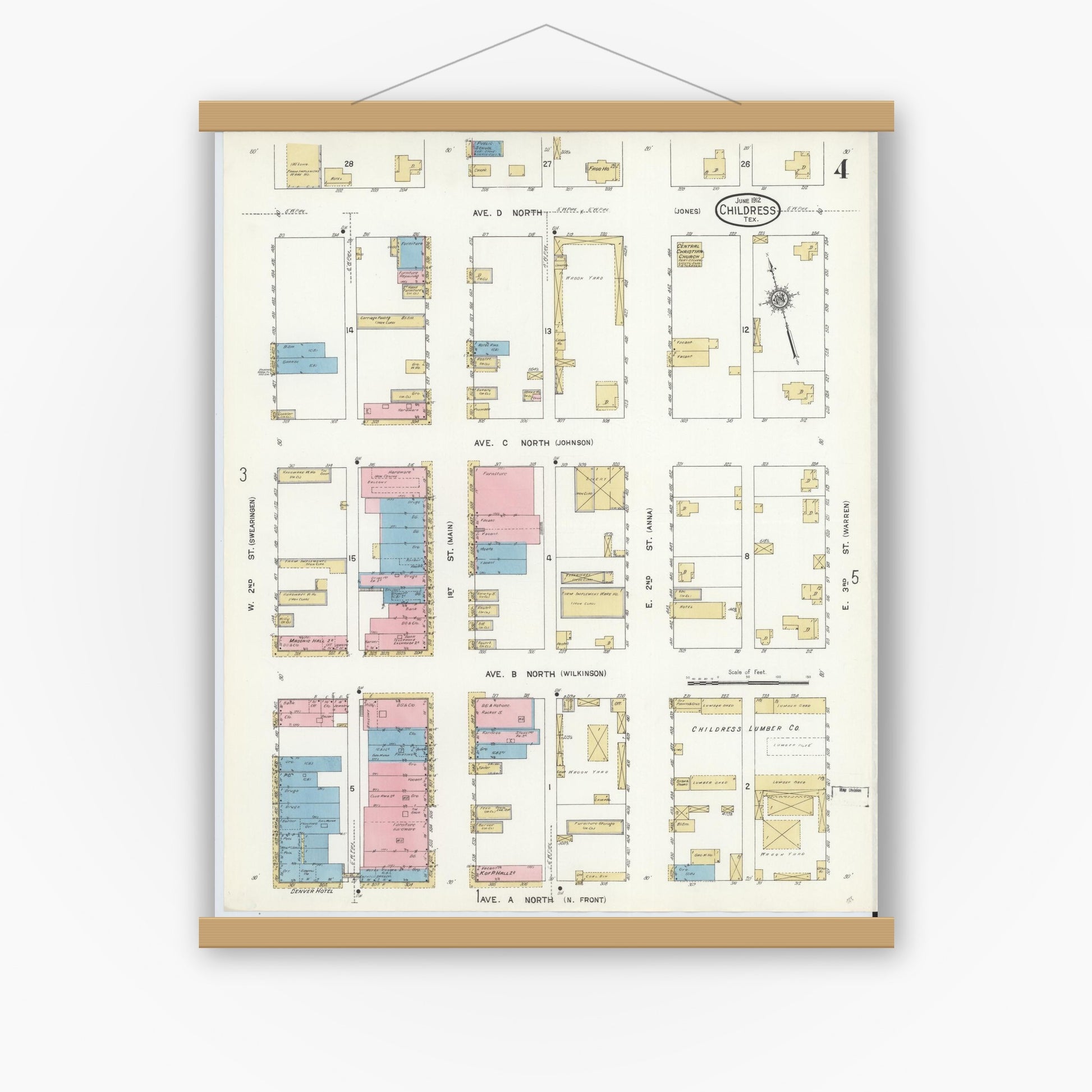 Old map wall art mockup — magnetic wood frame on white wall — Sanborn Fire Insurance Map from Childress, Childress County, Texas (1912), Sheet #0004