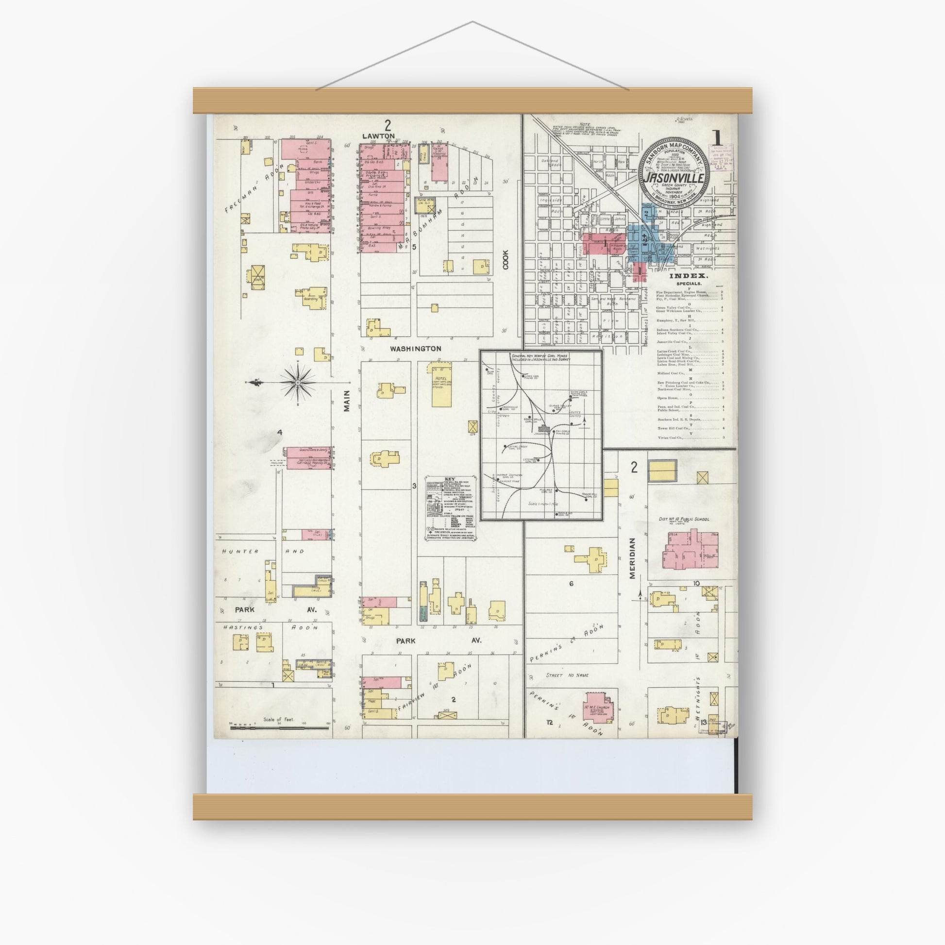 Old map wall art mockup — magnetic wood frame on white wall — Sanborn Fire Insurance Map from Jasonville, Greene County, Indiana (1904) - Complete Map Set