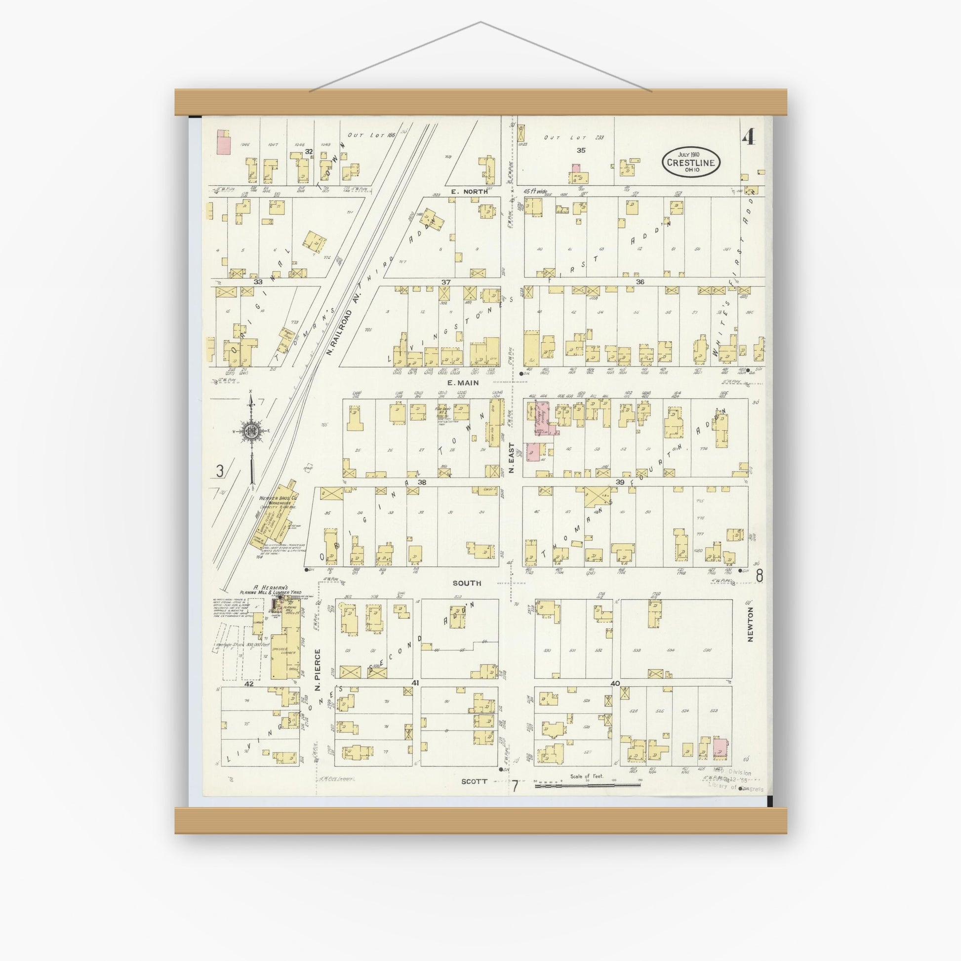Old map wall art mockup — magnetic wood frame on white wall — Sanborn Fire Insurance Map from Crestline, Crawford County, Ohio (1910), Sheet #0004