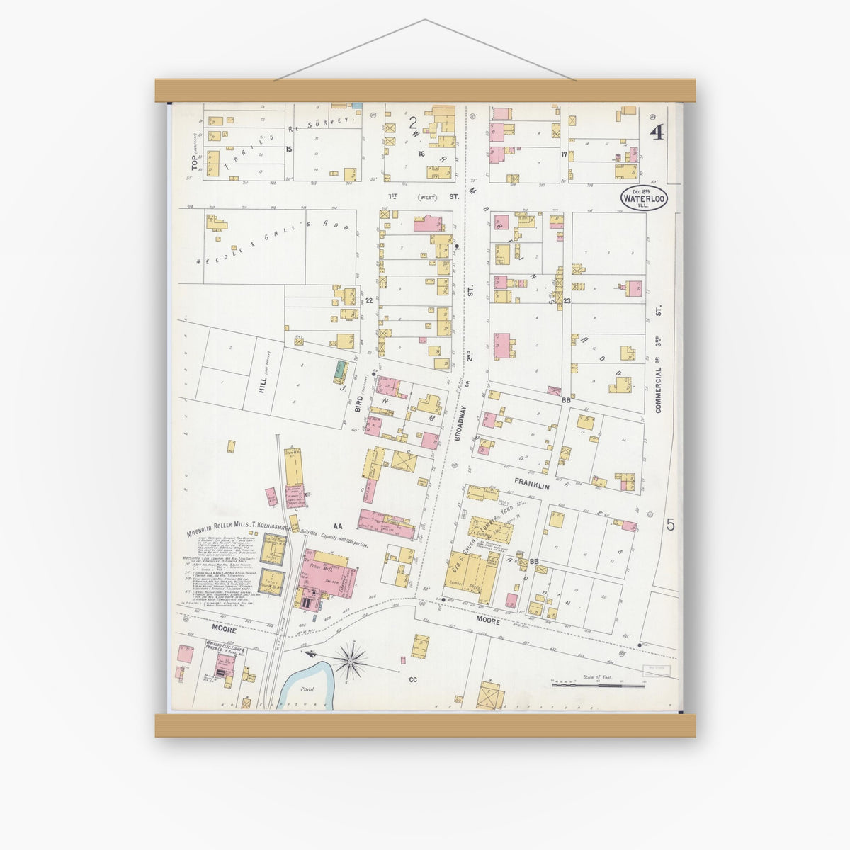 Old map wall art mockup — magnetic wood frame on white wall — Sanborn Fire Insurance Map from Waterloo, Monroe County, Illinois (1899), Sheet #0004