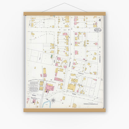 Old map wall art mockup — magnetic wood frame on white wall — Sanborn Fire Insurance Map from Waterloo, Monroe County, Illinois (1899), Sheet #0004