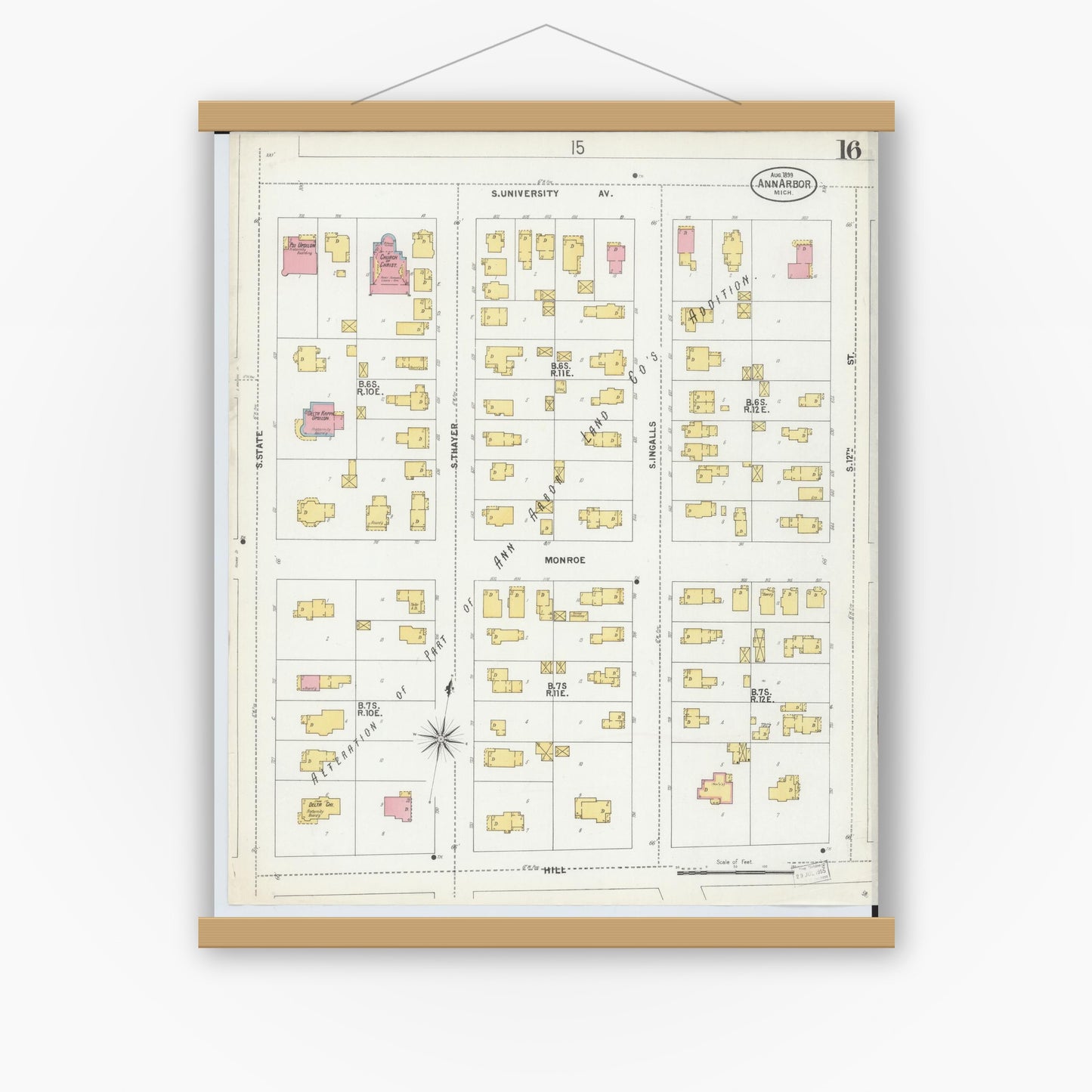 Old map wall art mockup — magnetic wood frame on white wall — Sanborn Fire Insurance Map from Ann Arbor, Washtenaw County, Michigan (1899), Sheet #0016