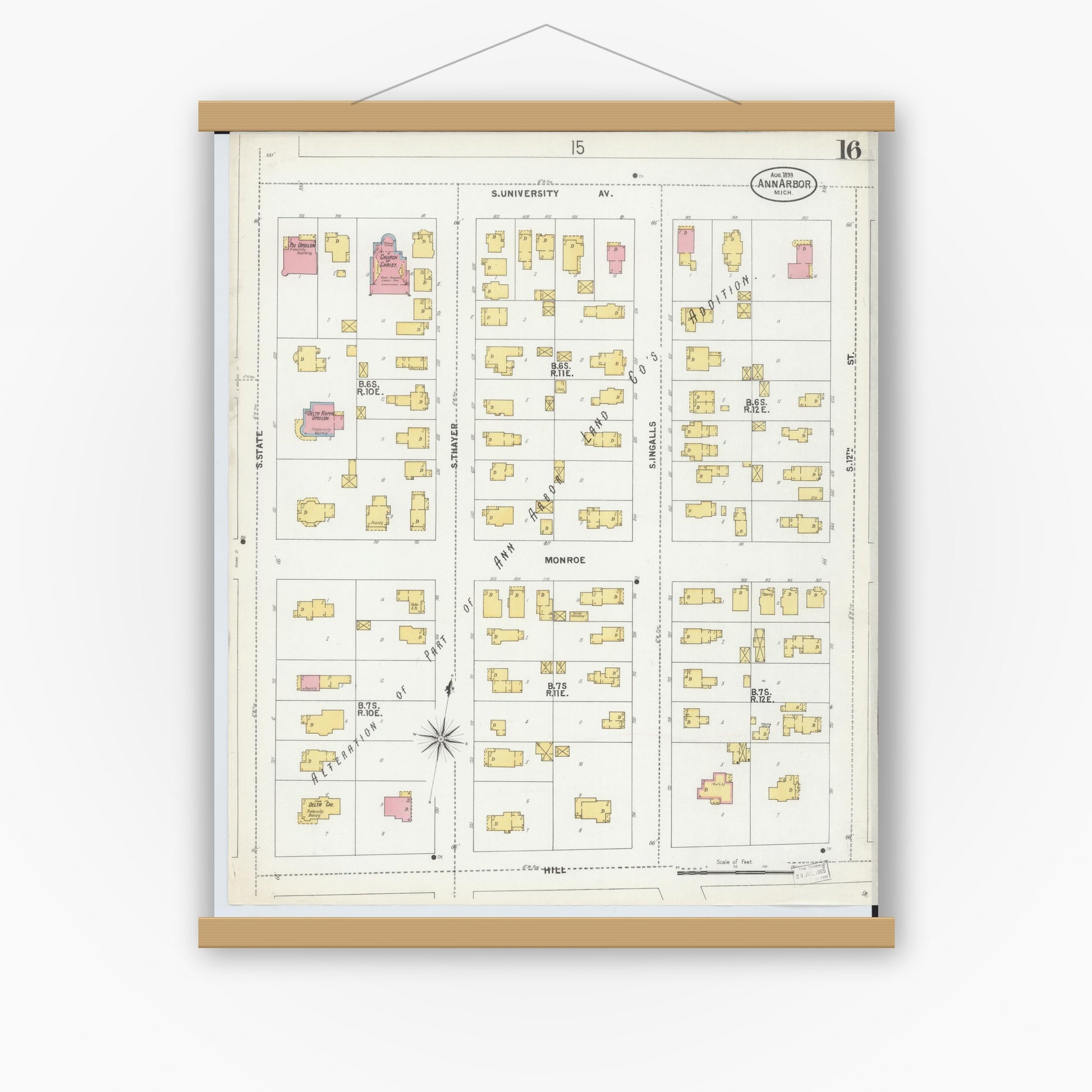Old map wall art mockup — magnetic wood frame on white wall — Sanborn Fire Insurance Map from Ann Arbor, Washtenaw County, Michigan (1899), Sheet #0016