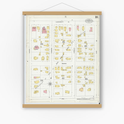 Old map wall art mockup — magnetic wood frame on white wall — Sanborn Fire Insurance Map from Ann Arbor, Washtenaw County, Michigan (1899), Sheet #0016