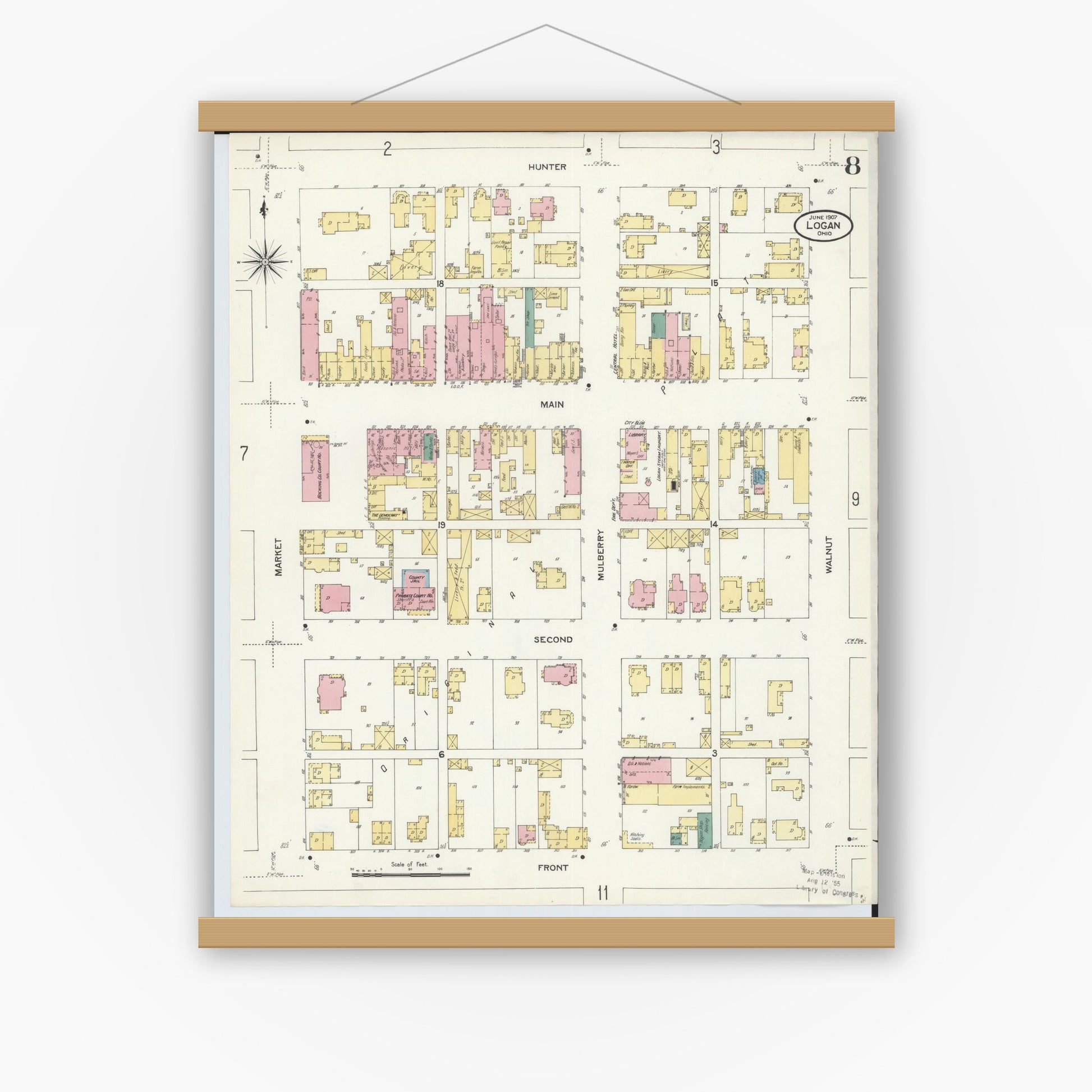 Old map wall art mockup — magnetic wood frame on white wall — Sanborn Fire Insurance Map from Logan, Hocking County, Ohio (1907), Sheet #0008