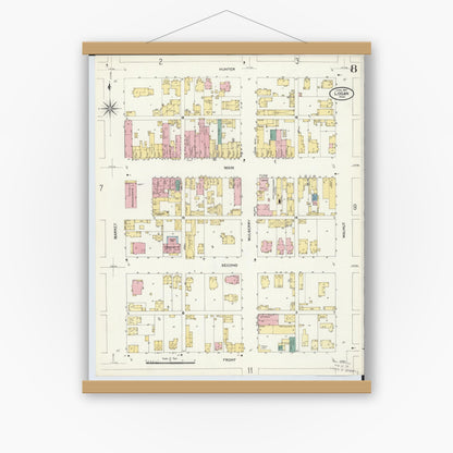 Old map wall art mockup — magnetic wood frame on white wall — Sanborn Fire Insurance Map from Logan, Hocking County, Ohio (1907), Sheet #0008