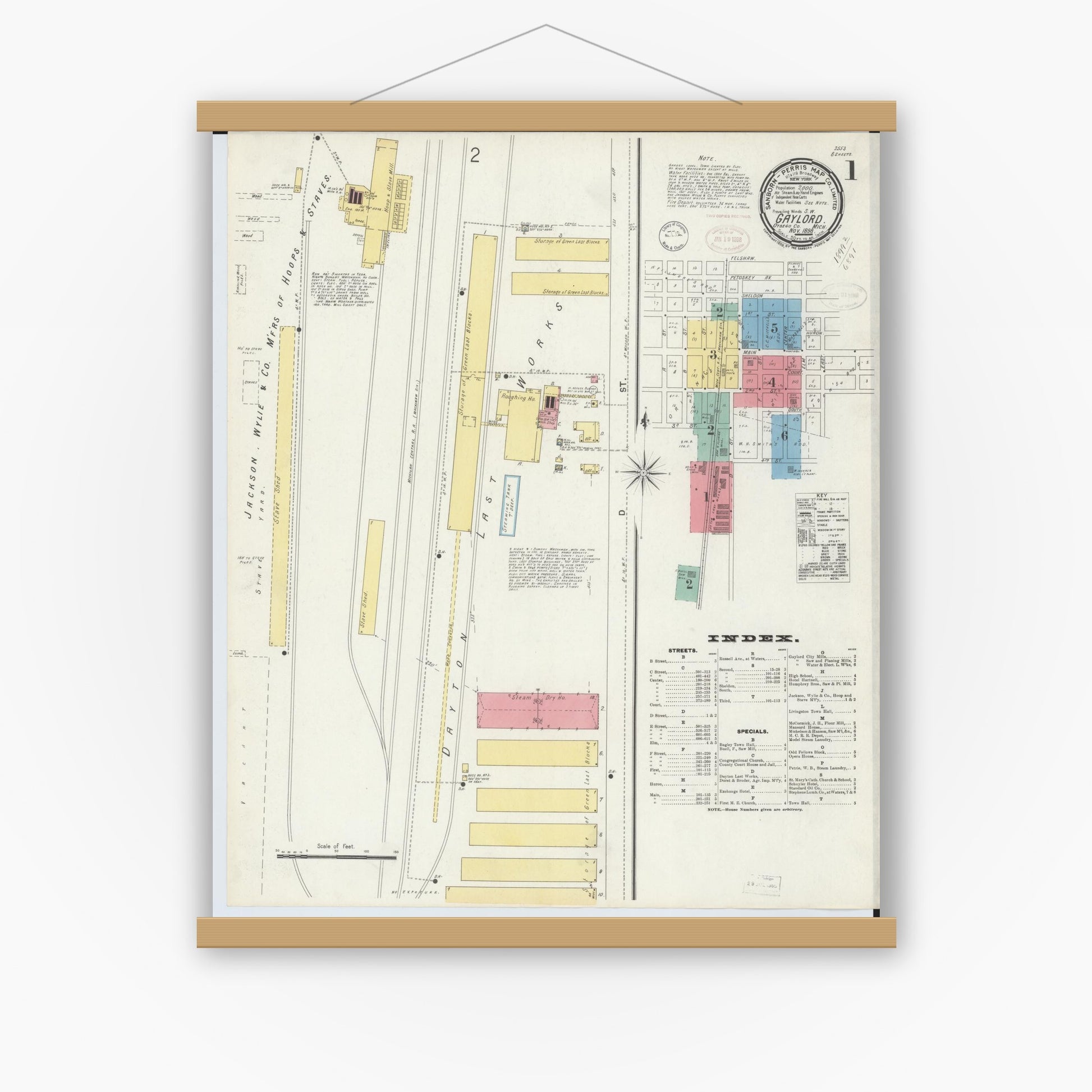 Old map wall art mockup — magnetic wood frame on white wall — Sanborn Fire Insurance Map from Gaylord, Otsego County, Michigan (1898) - Complete Map Set