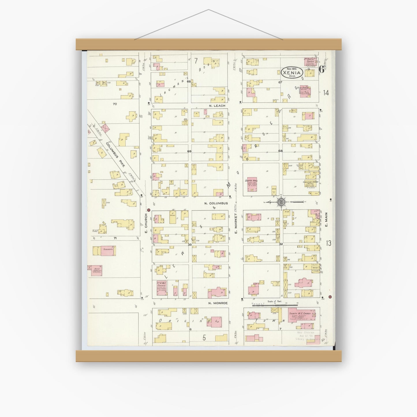 Old map wall art mockup — magnetic wood frame on white wall — Sanborn Fire Insurance Map from Xenia, Greene County, Ohio (1910), Sheet #0006