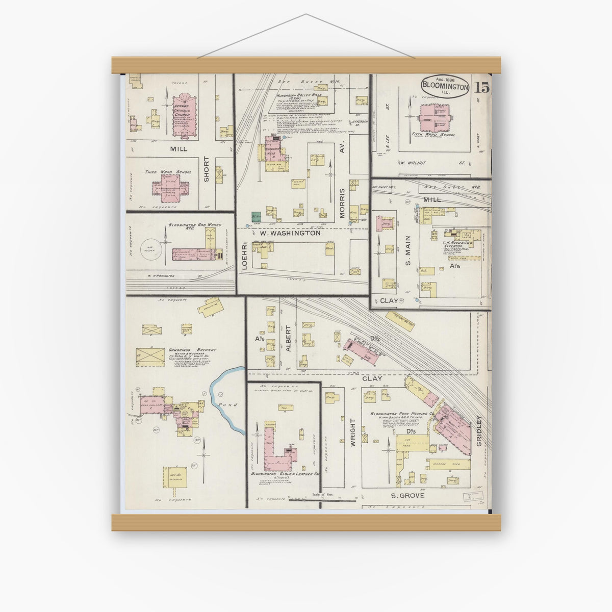 Old map wall art mockup — magnetic wood frame on white wall — Sanborn Fire Insurance Map from Bloomington, McLean County, Illinois (1886), Sheet #0015