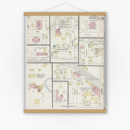 Old map wall art mockup — magnetic wood frame on white wall — Sanborn Fire Insurance Map from Bloomington, McLean County, Illinois (1886), Sheet #0015
