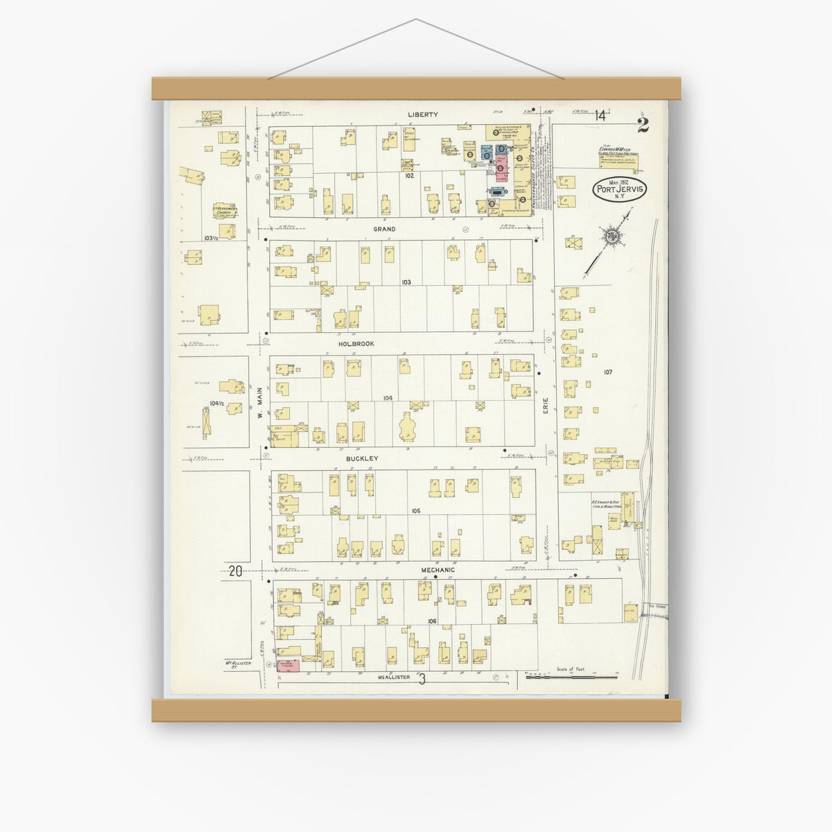 Old map wall art mockup — magnetic wood frame on white wall — Sanborn Fire Insurance Map from Port Jervis, Orange County, New York (1912) - Complete Map Set
