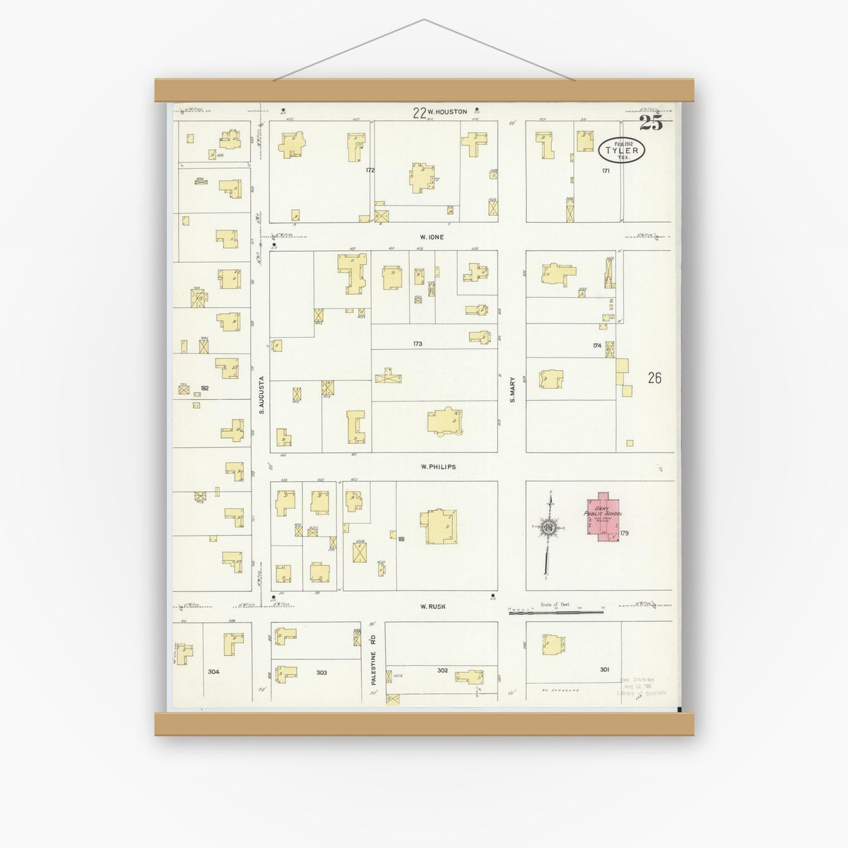 Old map wall art mockup — magnetic wood frame on white wall — Sanborn Fire Insurance Map from Tyler, Smith County, Texas (1912), Sheet #0025