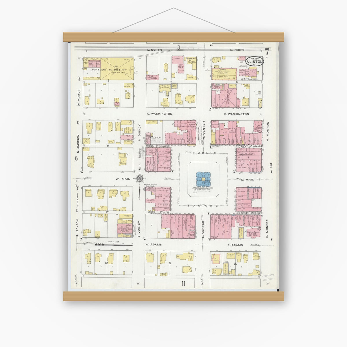 Old map wall art mockup — magnetic wood frame on white wall — Sanborn Fire Insurance Map from Clinton, De Witt County, Illinois (1916), Sheet #0007