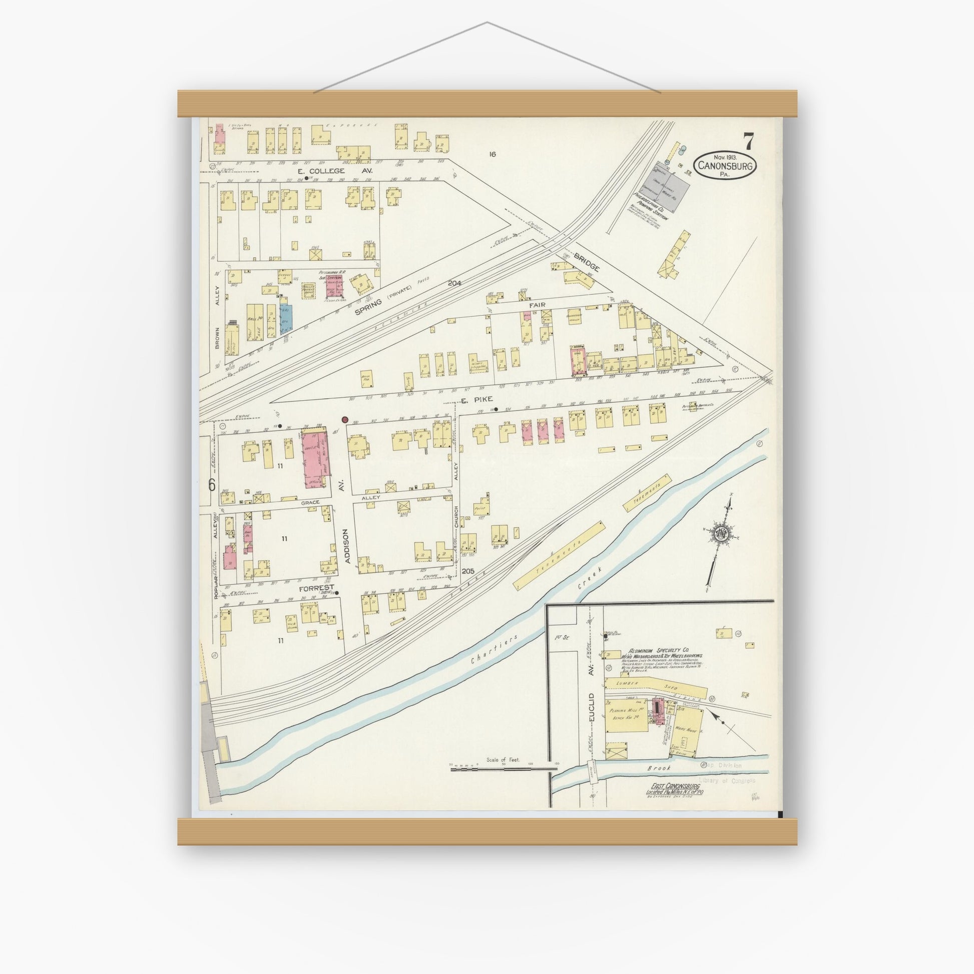 Old map wall art mockup — magnetic wood frame on white wall — Sanborn Fire Insurance Map from Canonsburg, Washington County, Pennsylvania (1913), Sheet #0007