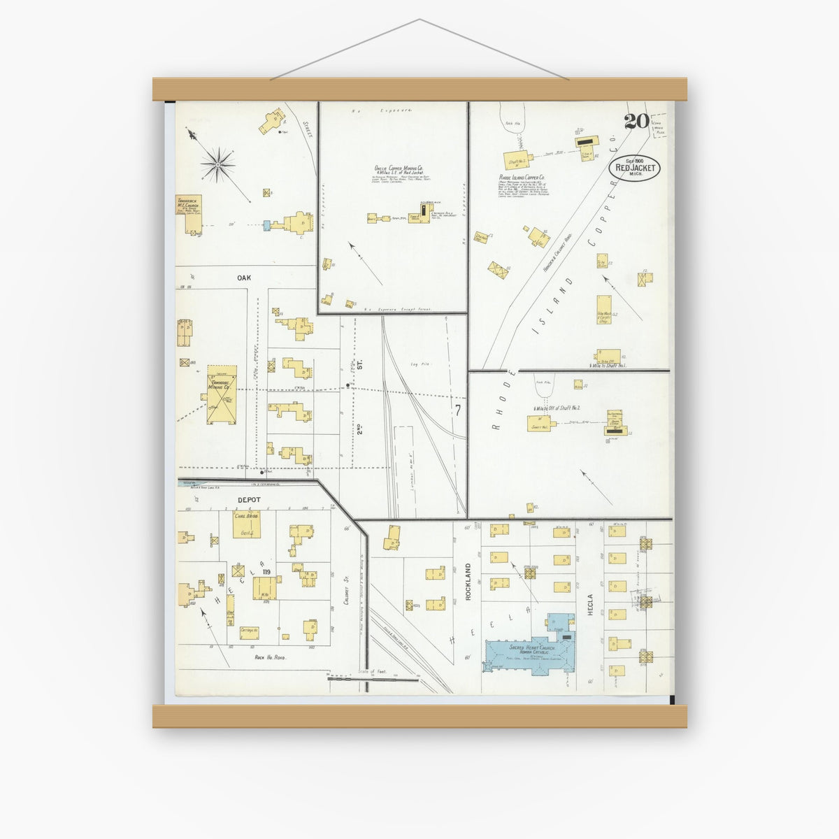 Old map wall art mockup — magnetic wood frame on white wall — Sanborn Fire Insurance Map from Red Jacket, Houghton County, Michigan (1900), Sheet #0020
