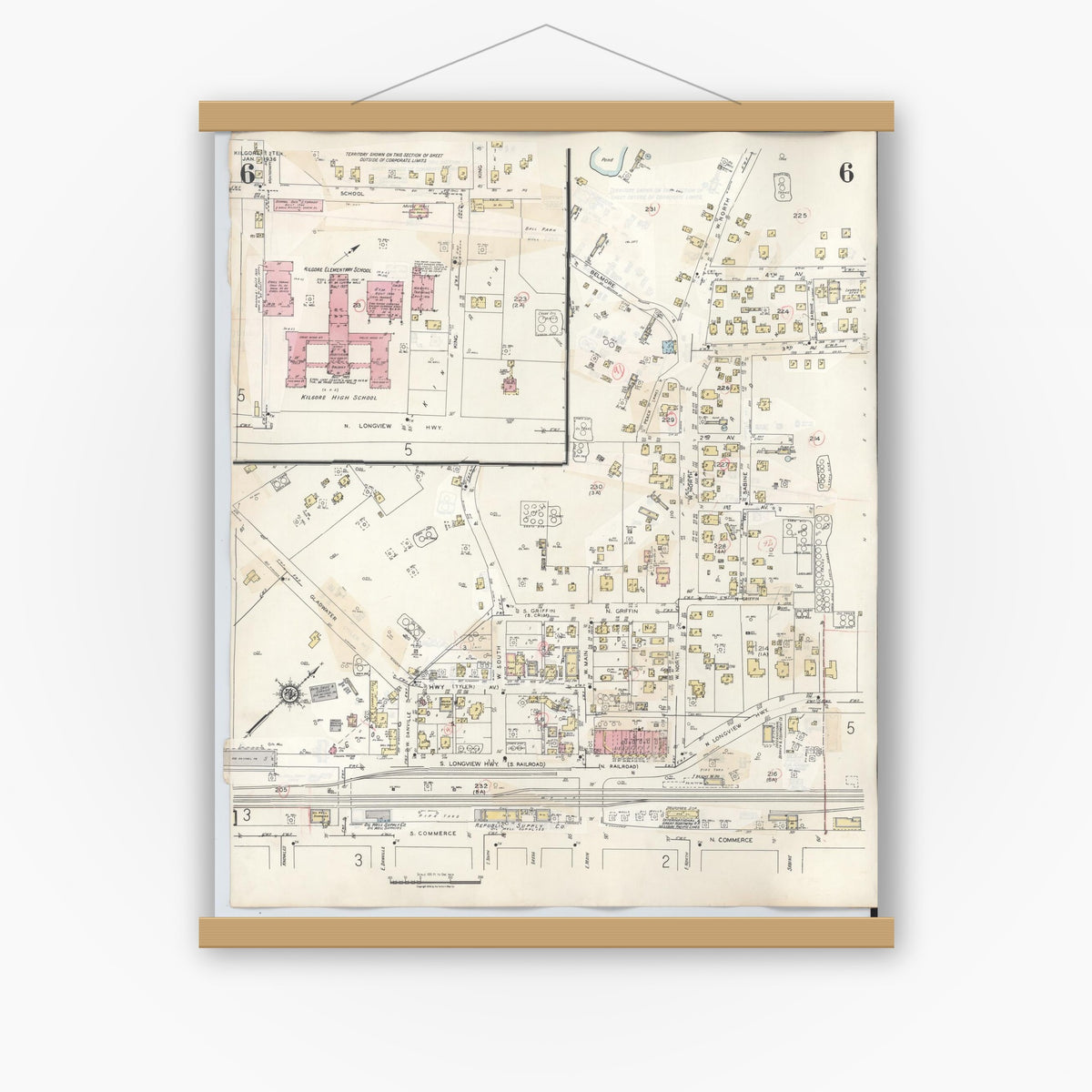 Old map wall art mockup — magnetic wood frame on white wall — Sanborn Fire Insurance Map from Kilgore, Gregg County, Texas (1950), Sheet #0006