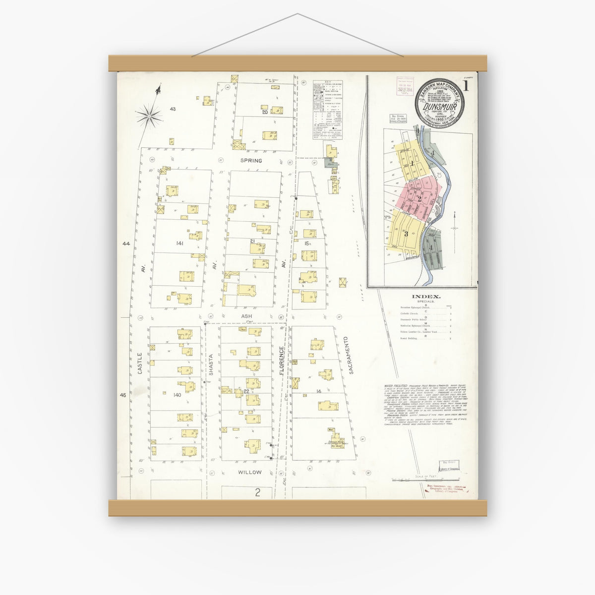 Old map wall art mockup — magnetic wood frame on white wall — Sanborn Fire Insurance Map from Dunsmuir, Siskiyou County, California (1903), Sheet #0001
