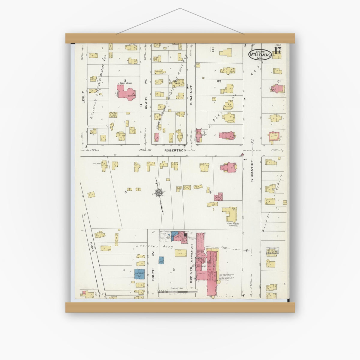 Old map wall art mockup — magnetic wood frame on white wall — Sanborn Fire Insurance Map from Mount Clemens, Macomb County, Michigan (1921), Sheet #0017