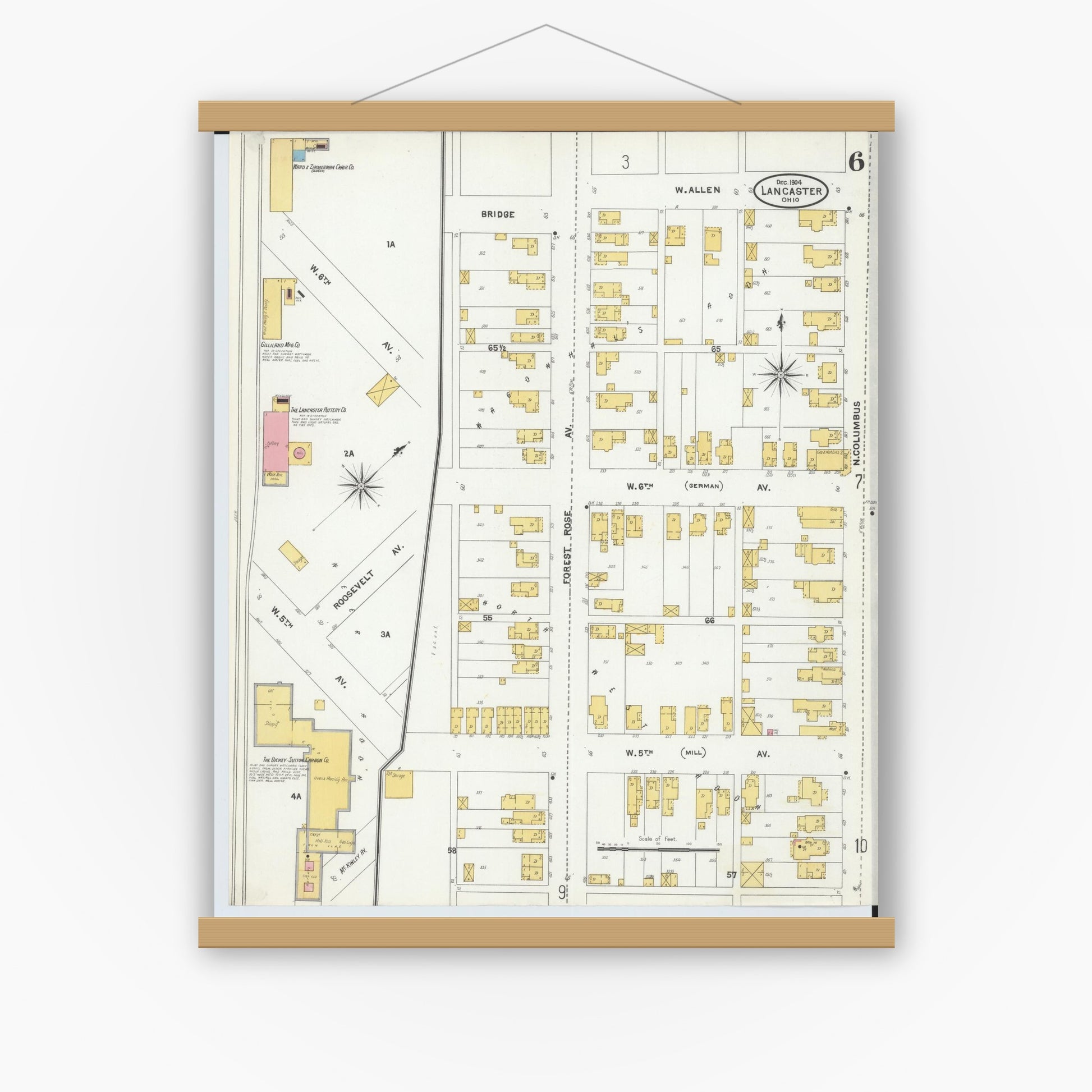 Old map wall art mockup — magnetic wood frame on white wall — Sanborn Fire Insurance Map from Lancaster, Fairfield County, Ohio (1904), Sheet #0006