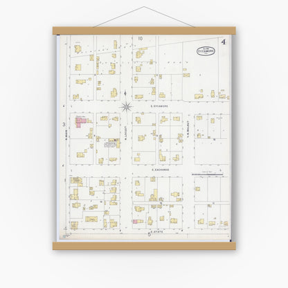 Old map wall art mockup — magnetic wood frame on white wall — Sanborn Fire Insurance Map from Sycamore, De Kalb County, Illinois (1896), Sheet #0004