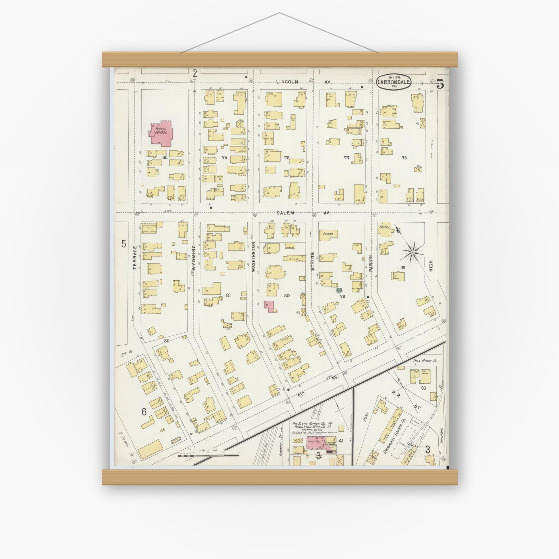 Old map wall art mockup — magnetic wood frame on white wall — Sanborn Fire Insurance Map from Carbondale, Lackawanna County, Pennsylvania (1896), Sheet #0005