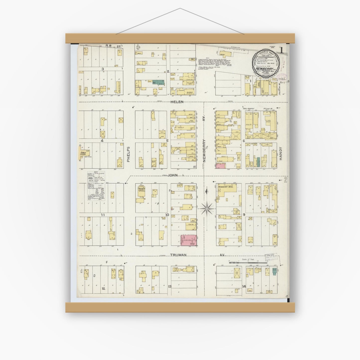 Old map wall art mockup — magnetic wood frame on white wall — Sanborn Fire Insurance Map from Newberry, Luce County, Michigan (1893) - Complete Map Set