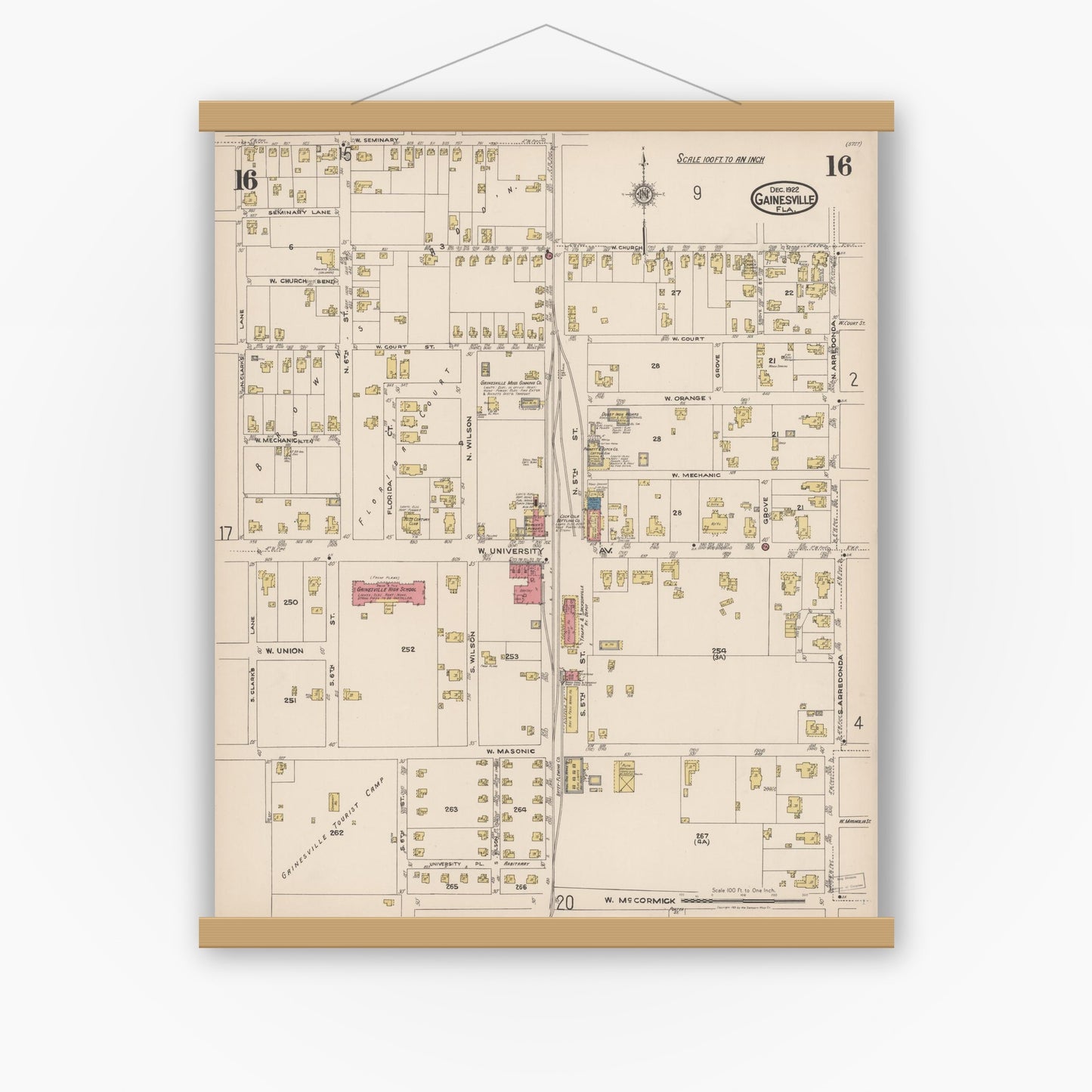 Old map wall art mockup — magnetic wood frame on white wall — Sanborn Fire Insurance Map from Gainesville, Alachua County, Florida (1922), Sheet #0016