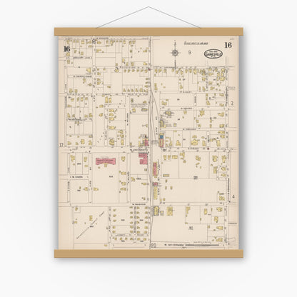 Old map wall art mockup — magnetic wood frame on white wall — Sanborn Fire Insurance Map from Gainesville, Alachua County, Florida (1922), Sheet #0016