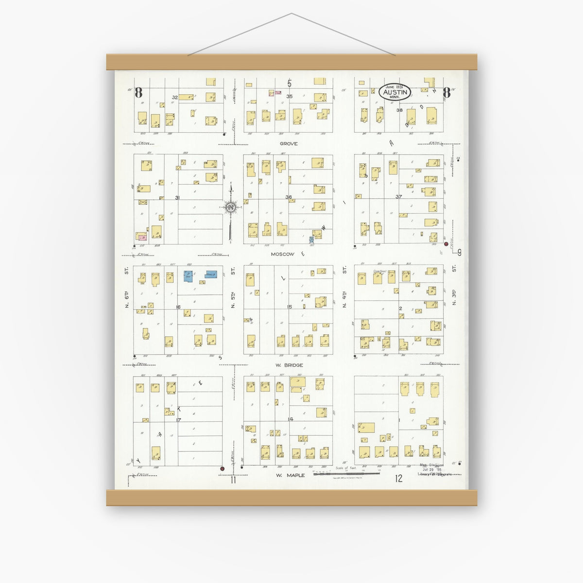 Old map wall art mockup — magnetic wood frame on white wall — Sanborn Fire Insurance Map from Austin, Mower County, Minnesota (1926), Sheet #0008