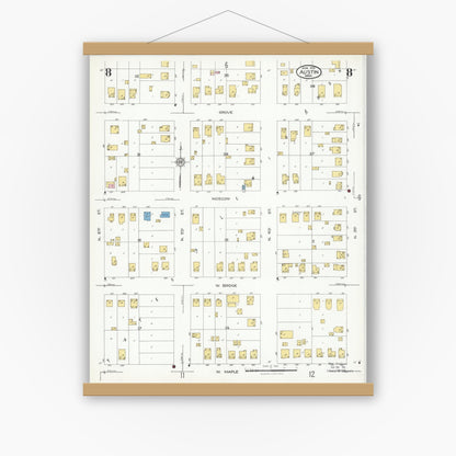 Old map wall art mockup — magnetic wood frame on white wall — Sanborn Fire Insurance Map from Austin, Mower County, Minnesota (1926), Sheet #0008