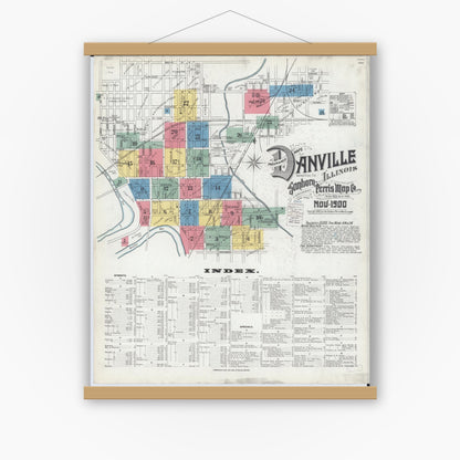 Old map wall art mockup — magnetic wood frame on white wall — Sanborn Fire Insurance Map from Danville, Vermilion County, Illinois (1900) - Complete Map Set